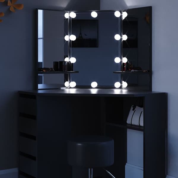 Vicco Arielle sminkbord, Svart, 110 cm med LED-belysning och pall