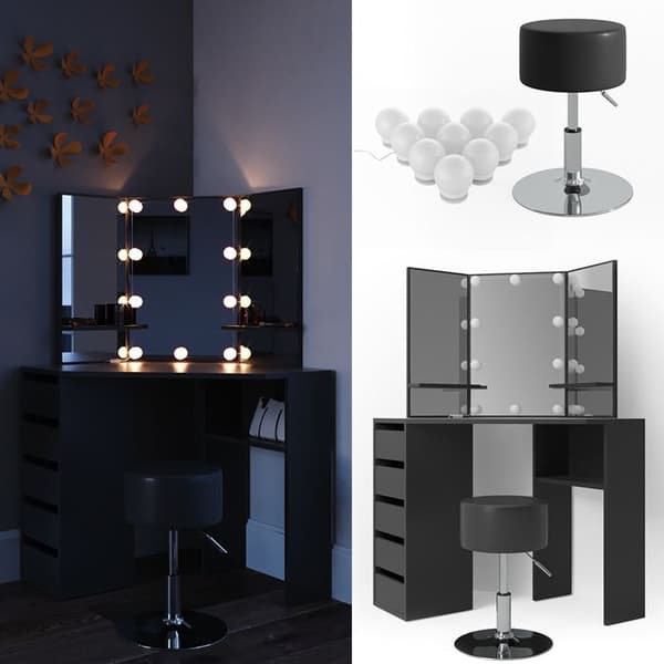 Vicco Arielle sminkbord, Svart, 110 cm med LED-belysning och pall
