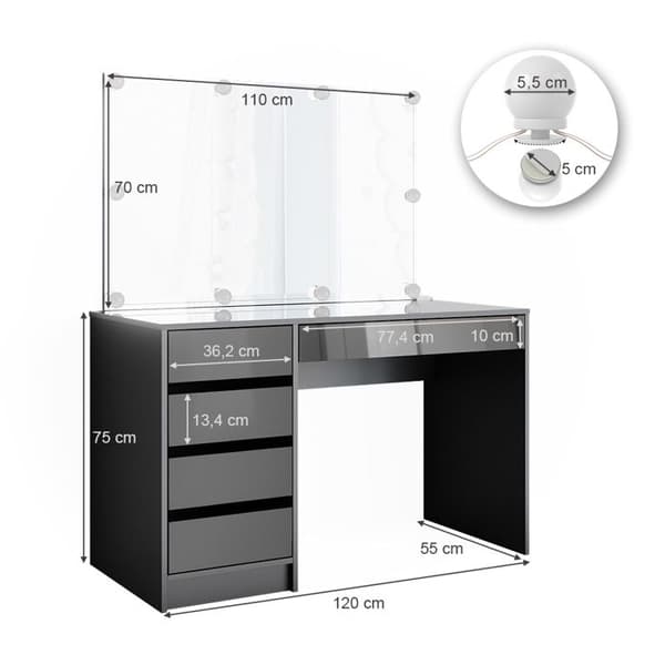 Vicco Sherry sminkbord, antracit Högblank, 120 cm med LED-belysning