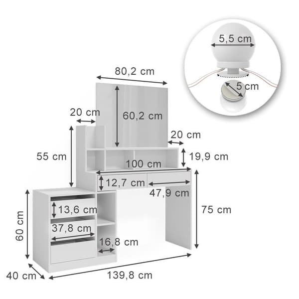 Vicco Anja sminkbord, Vit, 139,8 cm med LED-belysning