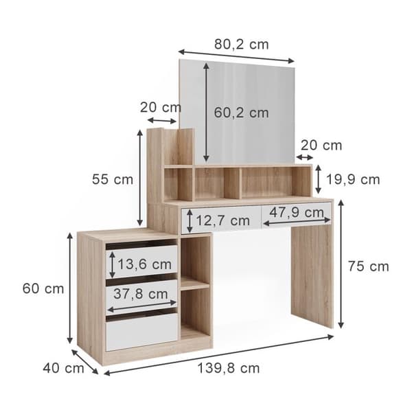 Vicco Anja sminkbord, Vit/Sonoma, 139,8 cm