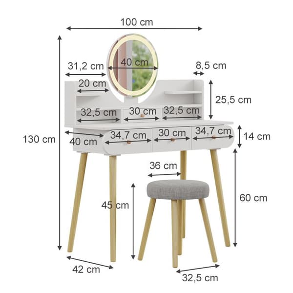 Vicco sminkbord Edda, Vit, 100 cm med LED-spegel och pall