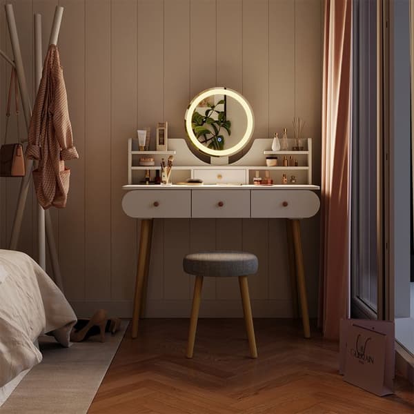 Vicco sminkbord Edda, Vit, 100 cm med LED-spegel och pall