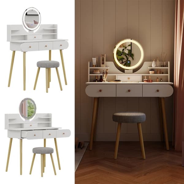 Vicco sminkbord Edda, Vit, 100 cm med LED-spegel och pall