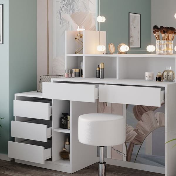 Vicco Anja sminkbord, Vit, 139,8 cm med LED-belysning och pall