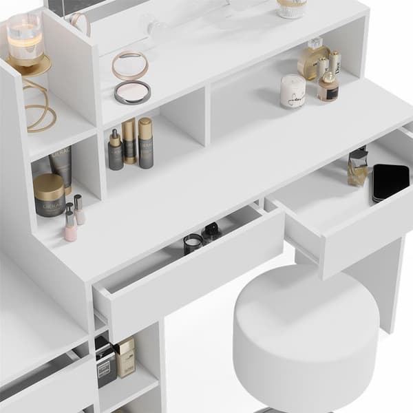 Vicco Anja sminkbord, Vit, 139,8 cm med LED-belysning och pall