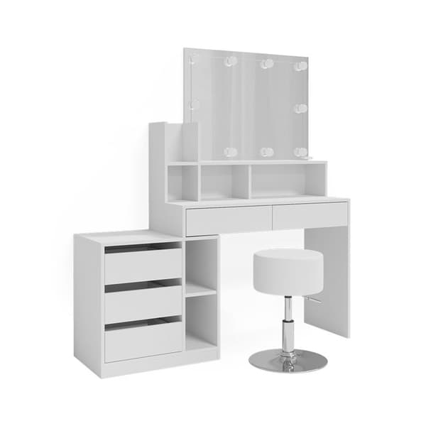 Vicco Anja sminkbord, Vit, 139,8 cm med LED-belysning och pall