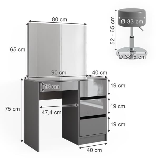 Vicco Sherry sminkbord, Grå Högblank, 90 cm med pall