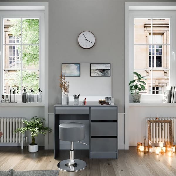 Vicco Sherry sminkbord, Grå Högblank, 90 cm med pall