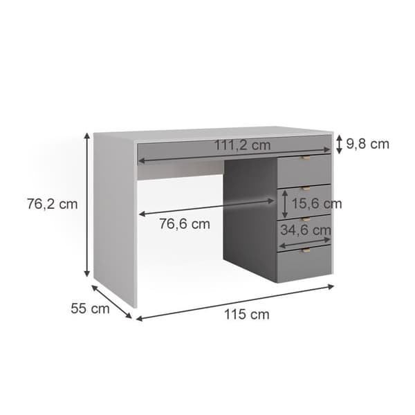 Vicco Elise sminkbord, Vit/grå/grå, 115 cm med 5 lådor