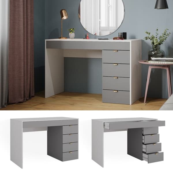 Vicco Elise sminkbord, Vit/grå/grå, 115 cm med 5 lådor