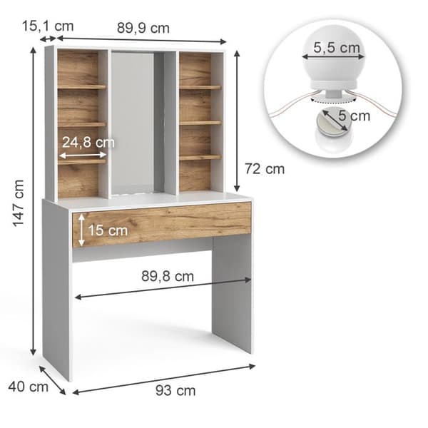 Vicco Alexa sminkbord, Gyllene ek/vit, 93 cm med LED-belysning