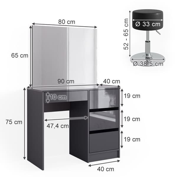 Vicco Sherry sminkbord, antracit Högblank, 90 cm med pall