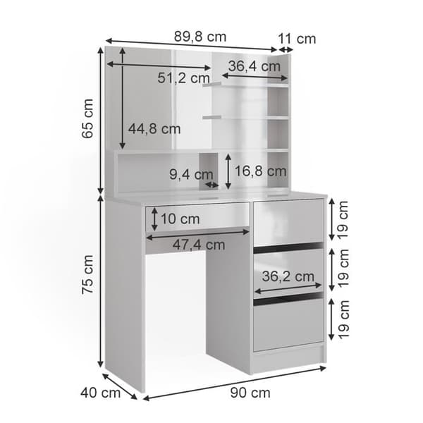 Vicco Sherry sminkbord, Högblank vit, 90 cm med spegel