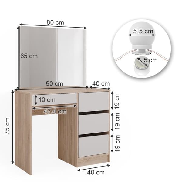 Vicco Sherry sminkbord, Sonoma, 90 cm med LED-belysning