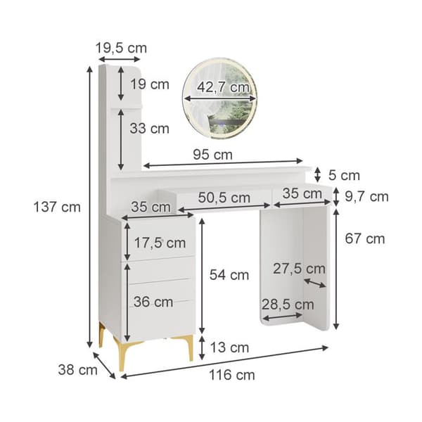 Vicco Garant sminkbord, Vit, 116 cm med LED-belysning