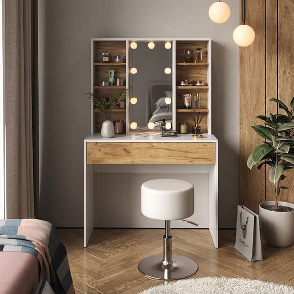 Vicco Alexa sminkbord, Ek guld/vit, 93 cm med spegel