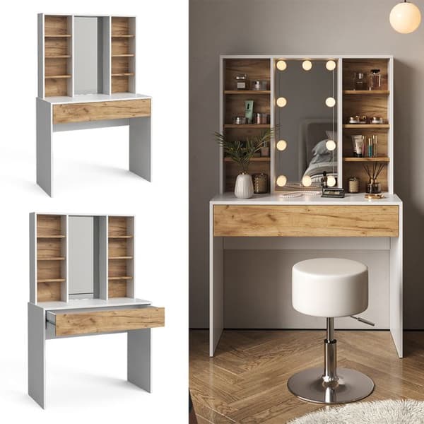Vicco Alexa sminkbord, Ek guld/vit, 93 cm med spegel