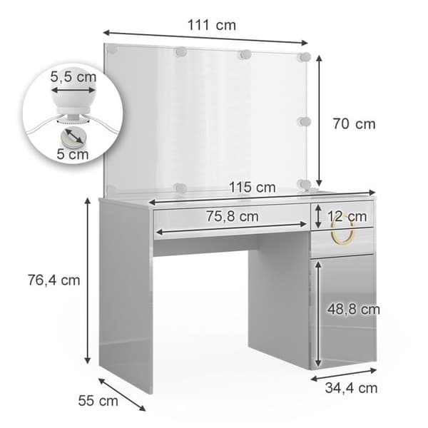 Vicco Adela sminkbord, Högblank vit, 115 cm med LED-belysning