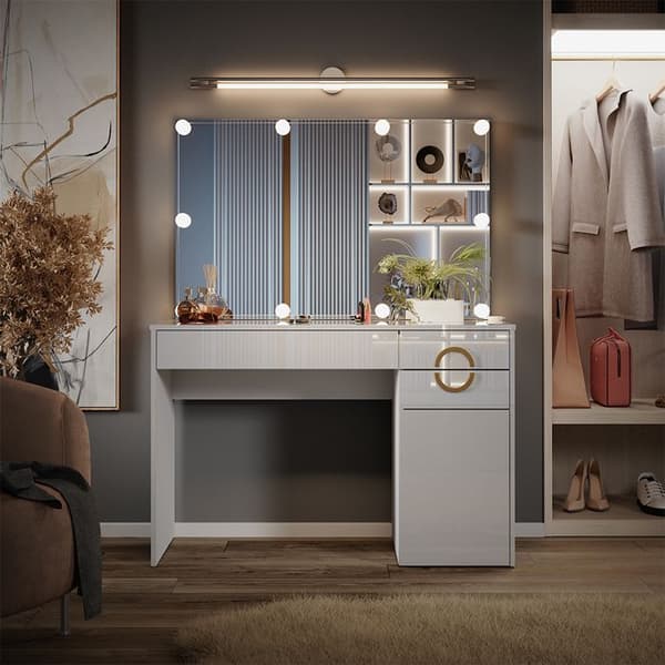 Vicco Adela sminkbord, Högblank vit, 115 cm med LED-belysning