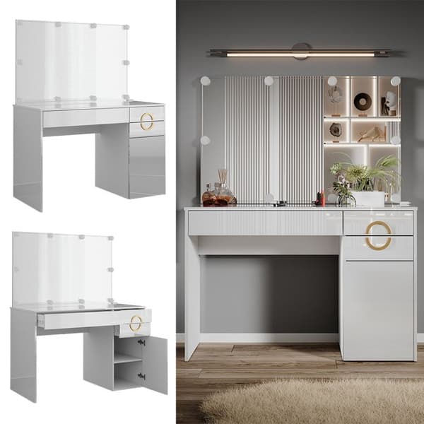 Vicco Adela sminkbord, Högblank vit, 115 cm med LED-belysning