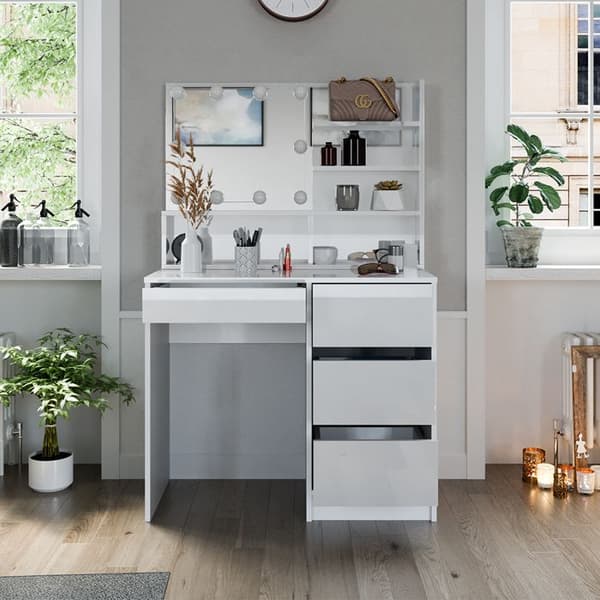 Vicco Sherry sminkbord, Högblank vit, 90 cm med LED-belysning, och spegelhylla