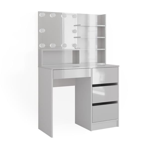 Vicco Sherry sminkbord, Högblank vit, 90 cm med LED-belysning, och spegelhylla