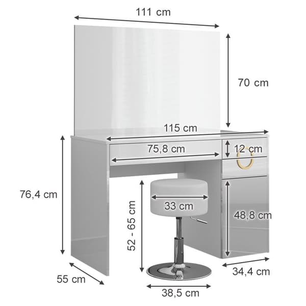 Vicco Adela sminkbord, Vit Högglans, 115 cm med pall