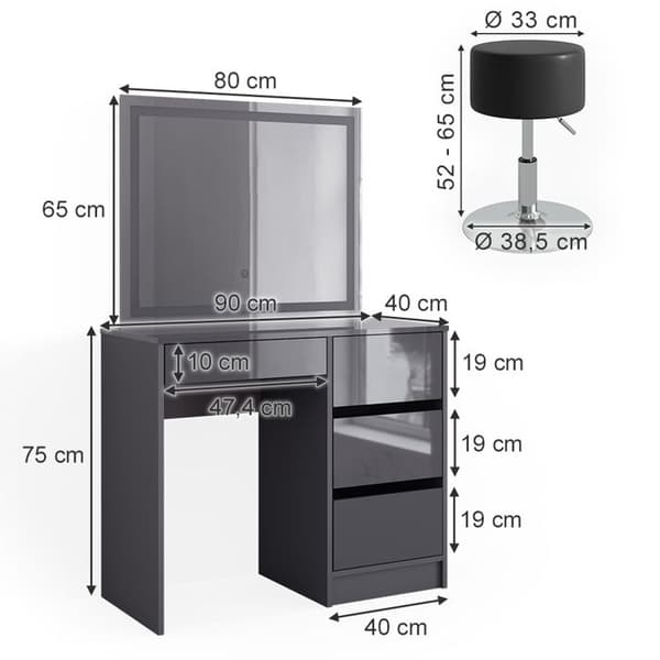 Vicco Sherry sminkbord, antracit Högglans, 90 cm med LED-spegel och pall