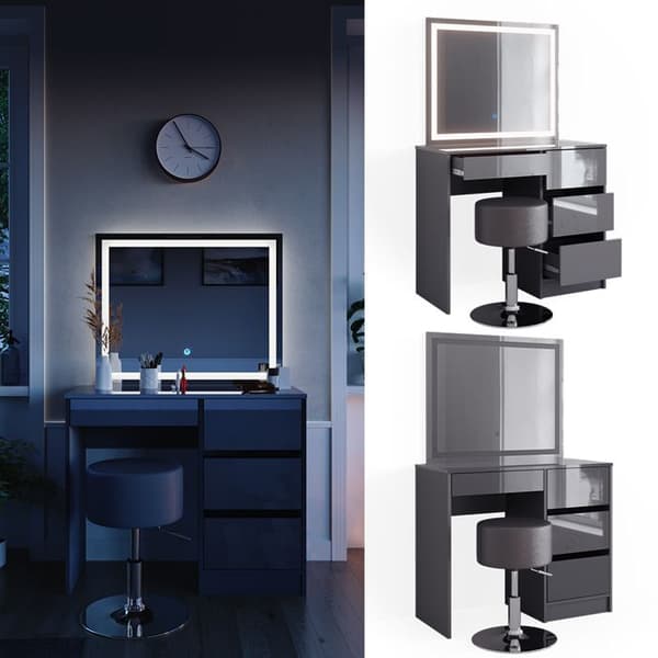Vicco Sherry sminkbord, antracit Högglans, 90 cm med LED-spegel och pall