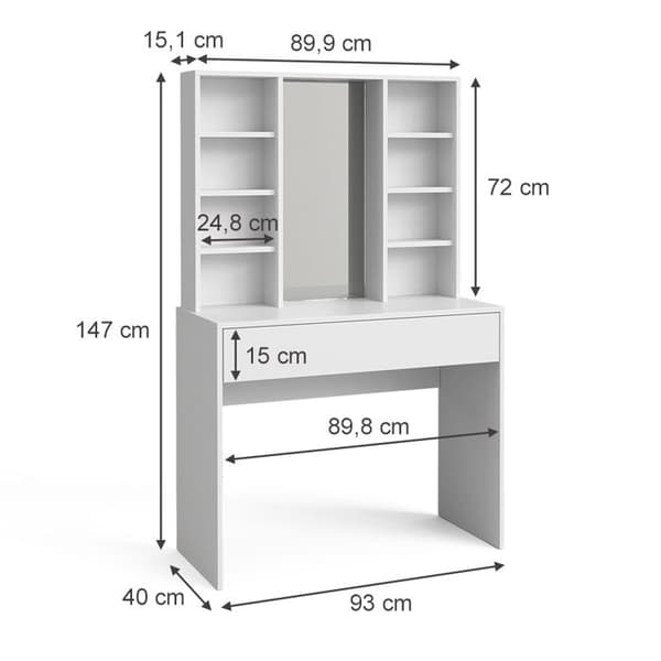Vicco Alexa sminkbord, Vit, 93 cm med spegel