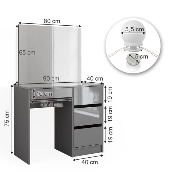 Vicco Sherry sminkbord, Högblank grå, 90 cm med LED-belysning och pall