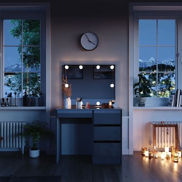 Vicco Sherry sminkbord, Högblank grå, 90 cm med LED-belysning och pall
