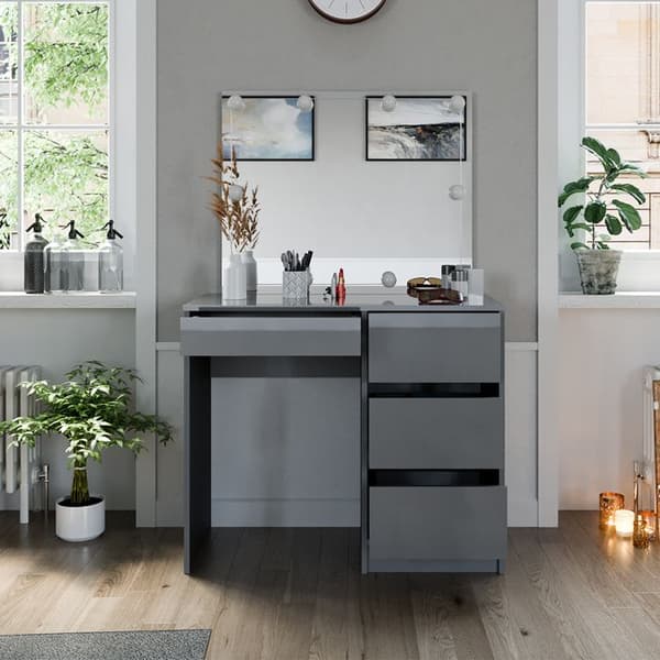 Vicco Sherry sminkbord, Högblank grå, 90 cm med LED-belysning och pall