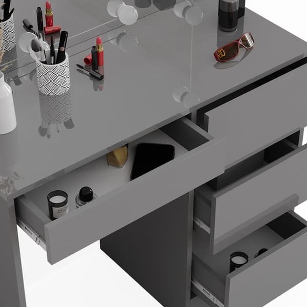 Vicco Sherry sminkbord, Högblank grå, 90 cm med LED-belysning och pall