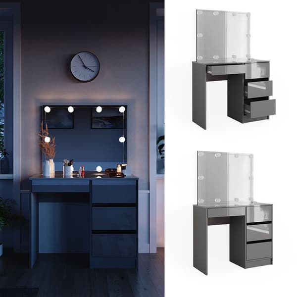 Vicco Sherry sminkbord, Högblank grå, 90 cm med LED-belysning och pall
