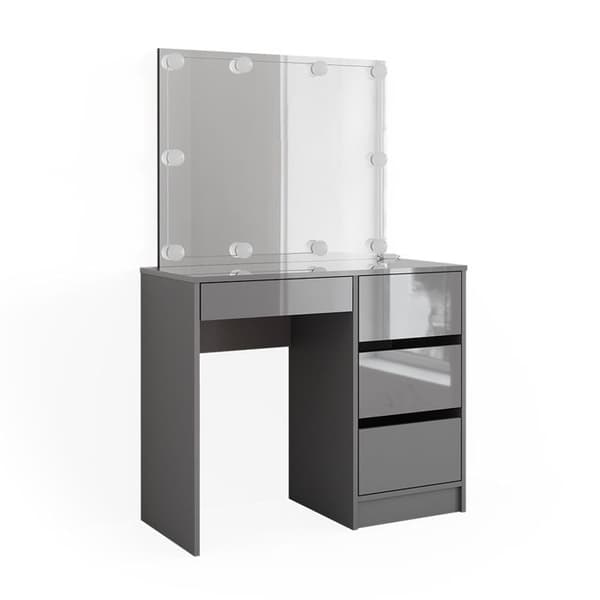 Vicco Sherry sminkbord, Högblank grå, 90 cm med LED-belysning och pall