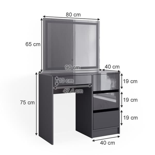 Vicco Sherry sminkbord, antracit Högblank, 90 cm med LED-belysning och pall