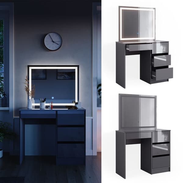 Vicco Sherry sminkbord, antracit Högblank, 90 cm med LED-belysning och pall