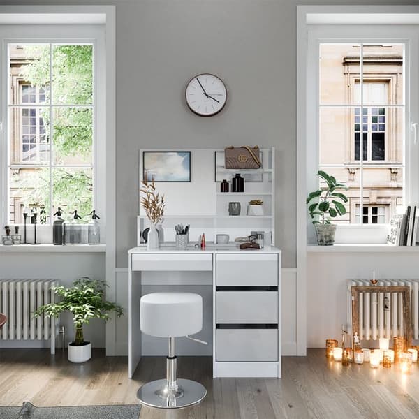 Vicco Sherry sminkbord, Vit Högblank, 90 cm med pall