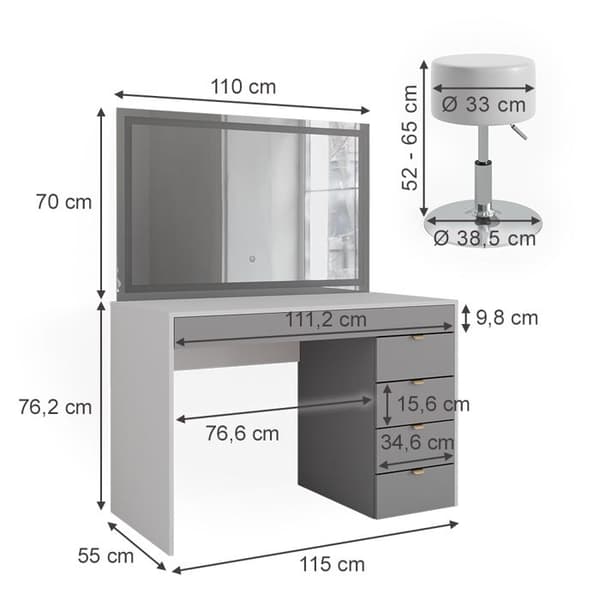 Vicco Elise sminkbord, Vit/grå/grå, 115 cm med LED-spegel och pall