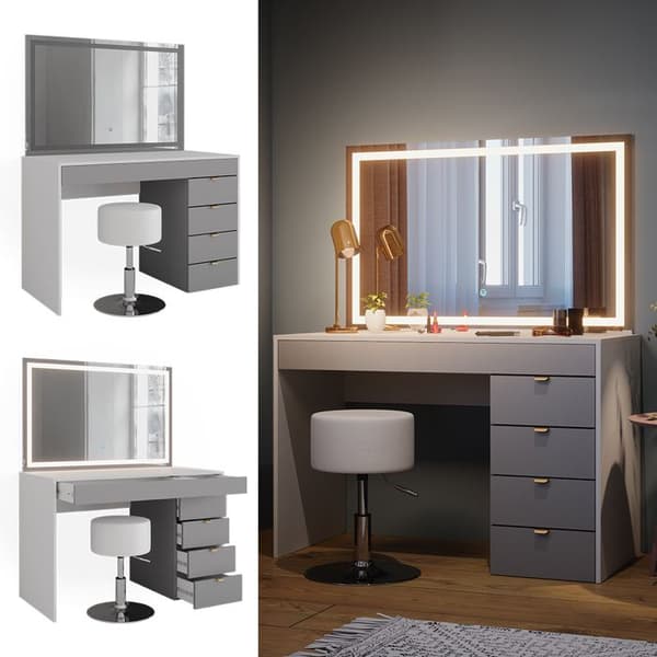 Vicco Elise sminkbord, Vit/grå/grå, 115 cm med LED-spegel och pall