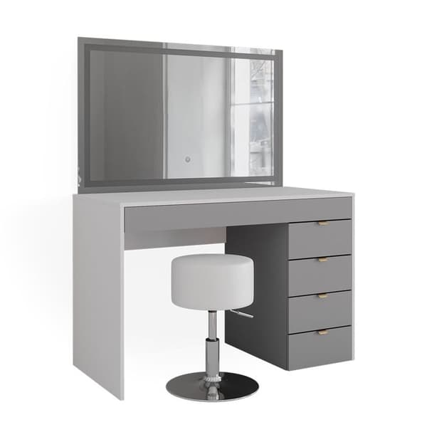 Vicco Elise sminkbord, Vit/grå/grå, 115 cm med LED-spegel och pall