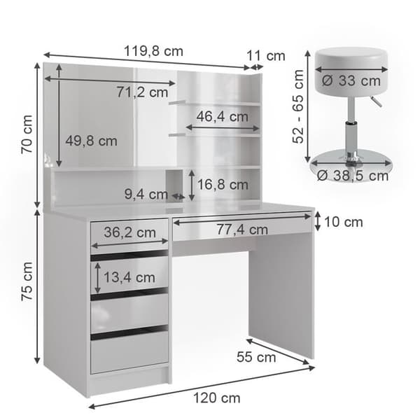 Vicco Sherry sminkbord, Vit Högblank, 120 cm med pall