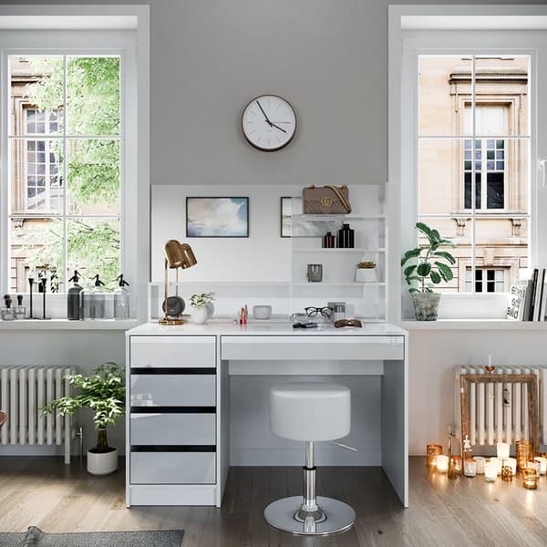 Vicco Sherry sminkbord, Vit Högblank, 120 cm med pall