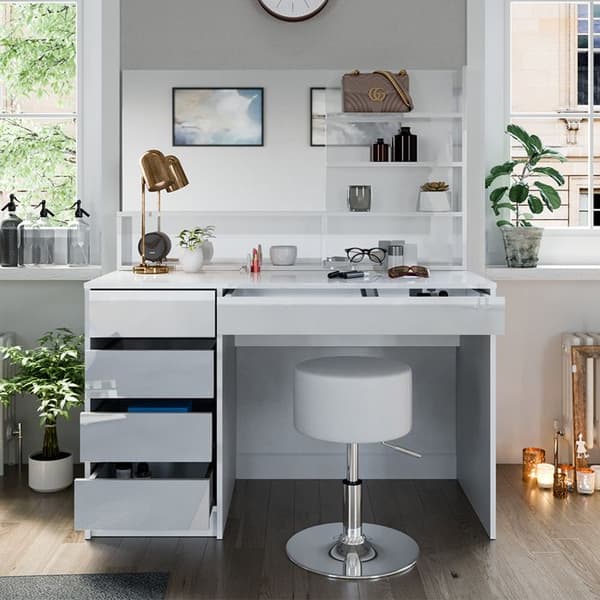 Vicco Sherry sminkbord, Vit Högblank, 120 cm med pall