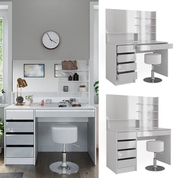 Vicco Sherry sminkbord, Vit Högblank, 120 cm med pall