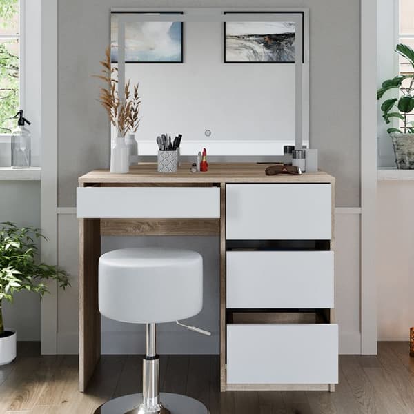Vicco Sherry sminkbord, Sonoma, 90 cm med LED-spegel och pall