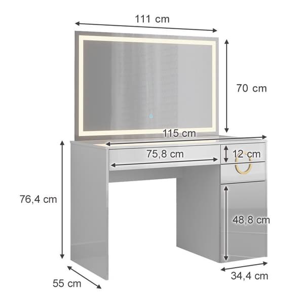 Vicco Adela sminkbord, Högblank vit, 115 cm med LED-spegel