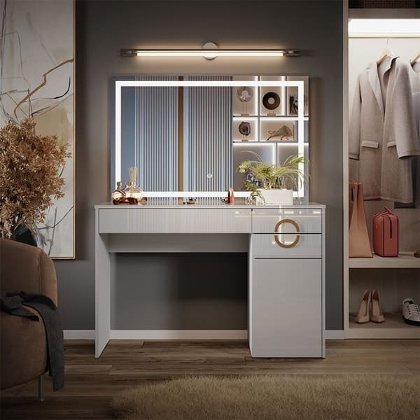 Vicco Adela sminkbord, Högblank vit, 115 cm med LED-spegel